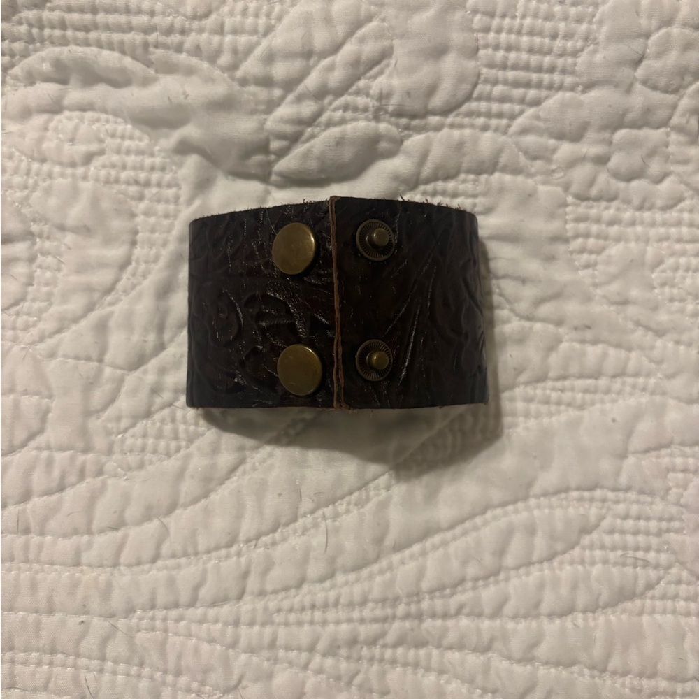 Brown Leather Embossed “C” Cuff Bracelet handmade sign by maker - Picture 5 of 6